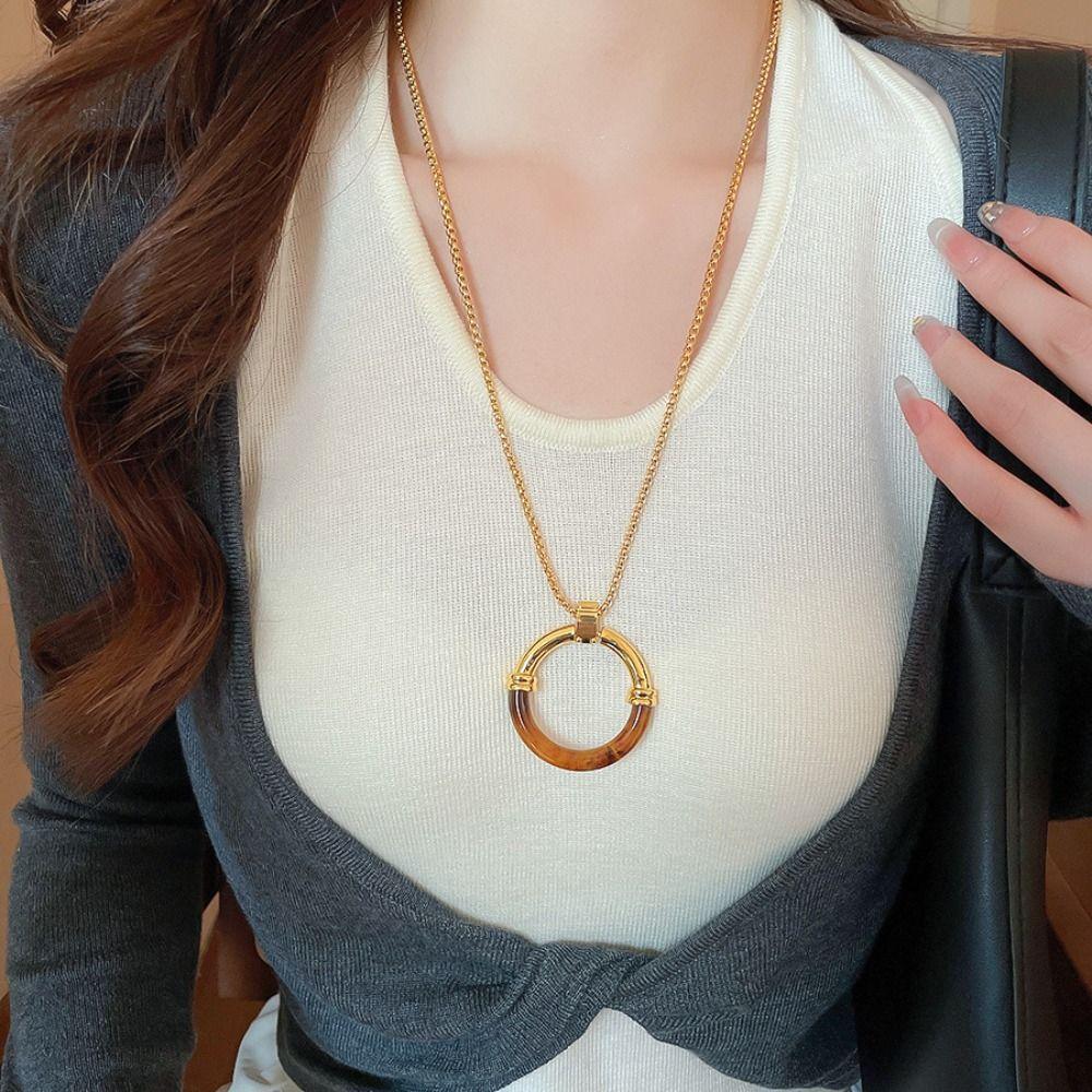 Circle Pendant Amber Splicing Necklace Stainless Steel Chain Sweater Chain Birthday Gift
