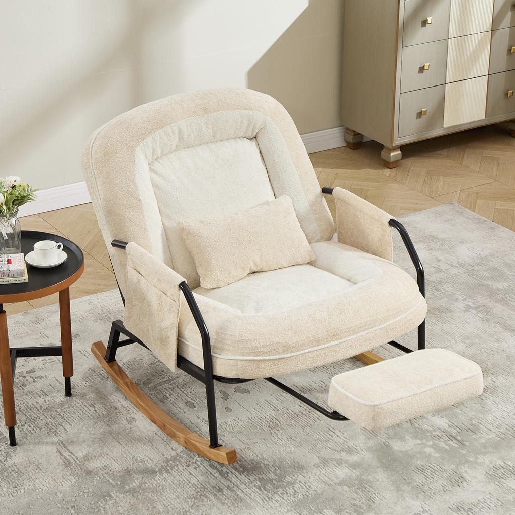 Oversized Rocking Chair with Foot Rest, Side Pocket, Cushion, Adjustable Backrest, Metal Wooden Frame, Indoor/Outdoor Living Room, Faux Fur, Beige