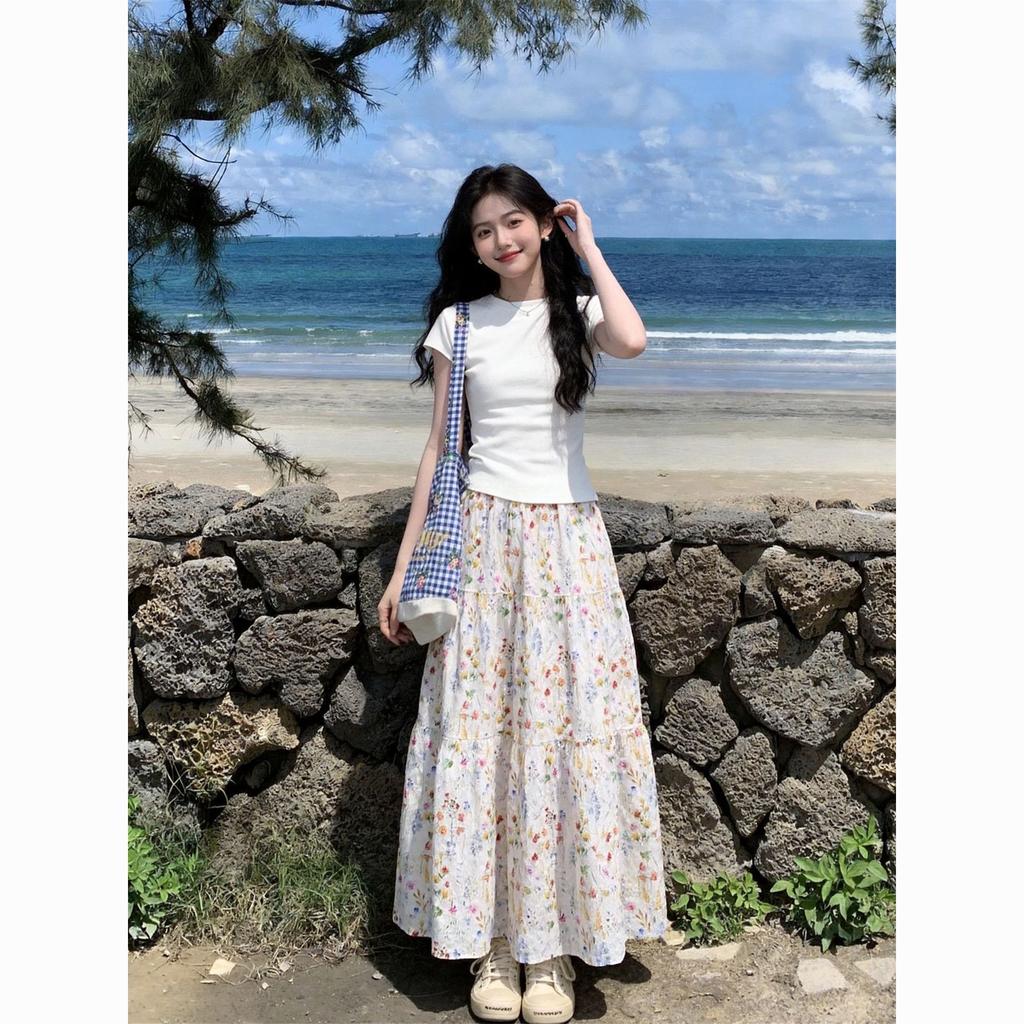 2026 set floral long skirt skirt two-piece set round neck slim-fitting front shoulder short-sleeved top T-shirt summer sweet
