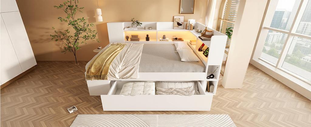 Daybed 140x200 cm Bianco Letto Singolo/Doppio per Ospiti, Base in Legno, Illuminazione a LED, Ricarica USB e Type-C, Mensole e Cassetti, incl.. Struttura a doghe (Con Materasso)
