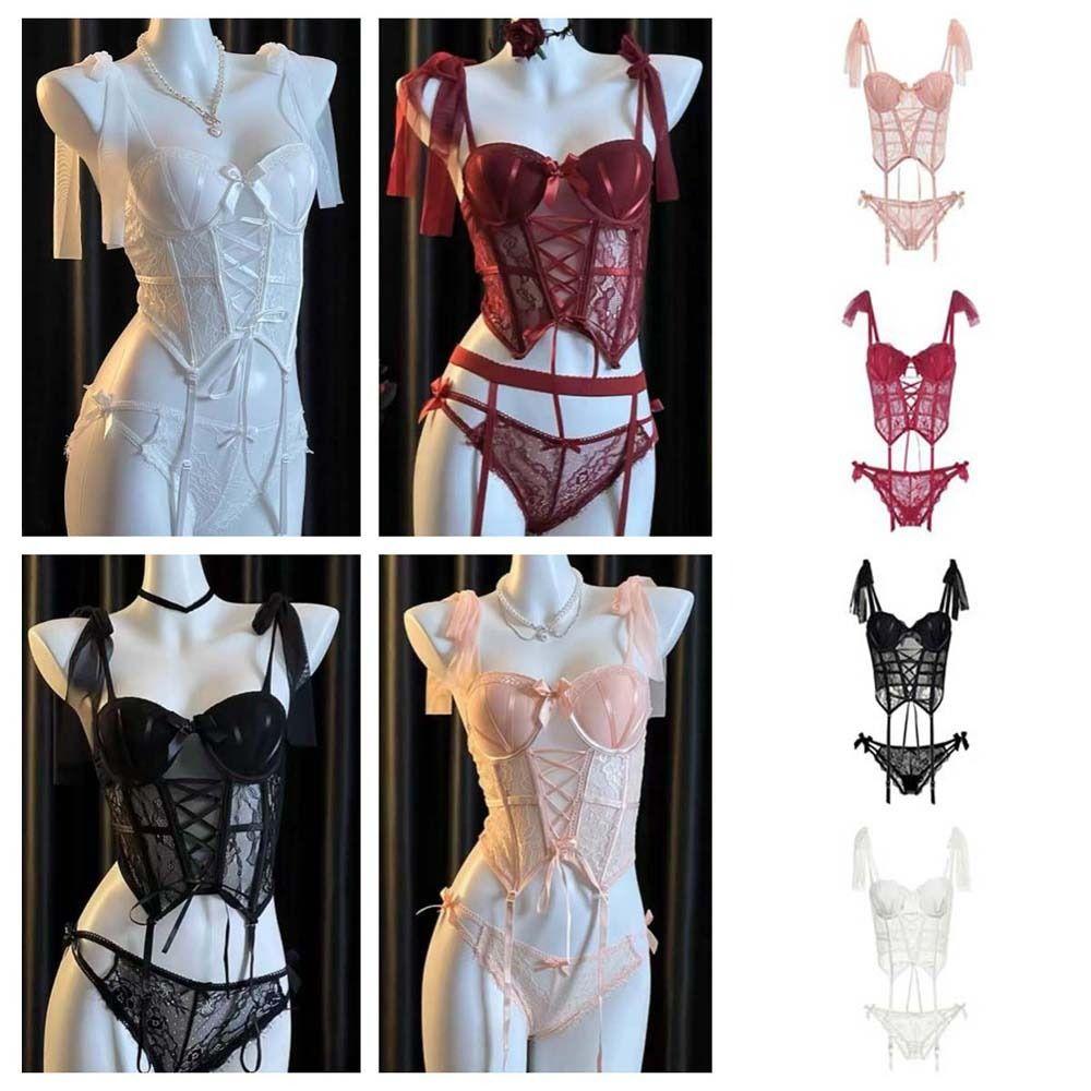 Hollow Mesh Women Lingerie Uniform Passionate Set Bow Lace Corset  Home Travel