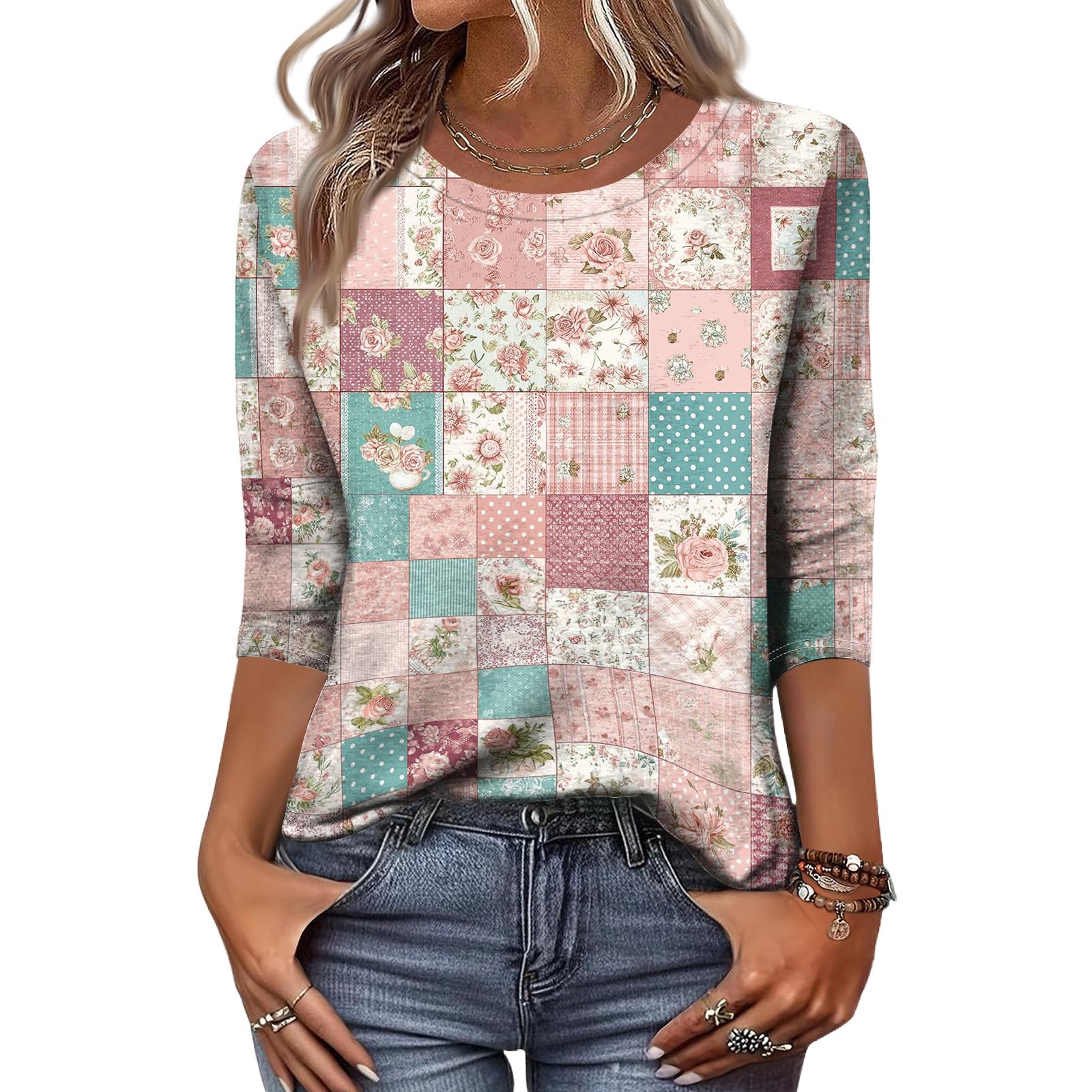 

Long Sleeve Shirts for Women Patchwork Print Womens Long Sleeve Tops Casual Long Sleeve T Shirt Women Comfortable Long Sleeve Going Out Tops for Women L розовый
