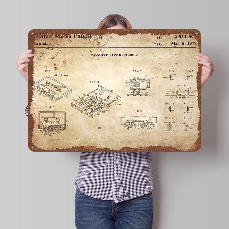 1977 Cassette Patent a Cas Poster Customized Wall Art Vintage Metal Signs Retro Tin Plaque for Man Cave Home Decor Items Room