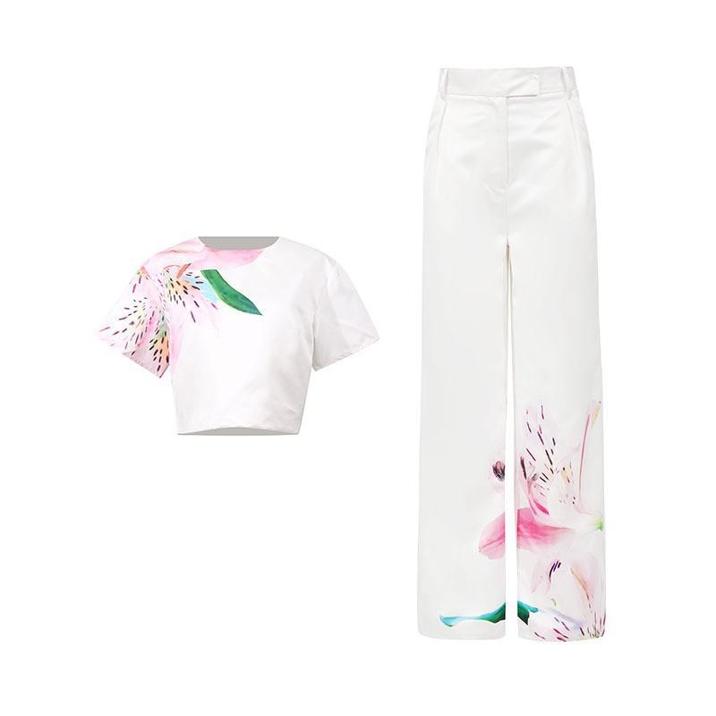 

Casual Comfortable Vacation Style Two-piece Women s Dress Round Collar Short-sleeve Shirt Mid-waist Wide-leg Printed Set S белый