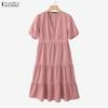 ZANZEA Women Elegant V-Neck Casual Solid Color Short Sleeve Dress