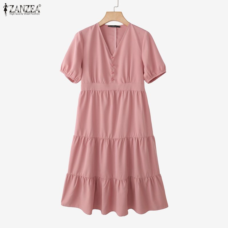 ZANZEA Women Elegant V-Neck Casual Solid Color Short Sleeve Dress