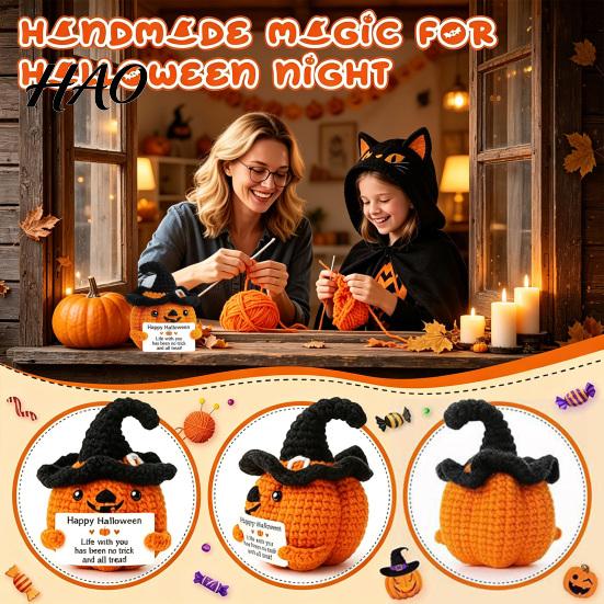 Decorative Pumpkin for Shelves Handmade Crochet Positive with Witch Hat, Fall Boo Basket Stuffer, Cute Halloween Room Decor Mini Knitted Plush