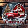 Vintage Christmas Red Truck Tin Metal Wall Art 8 Inch Round