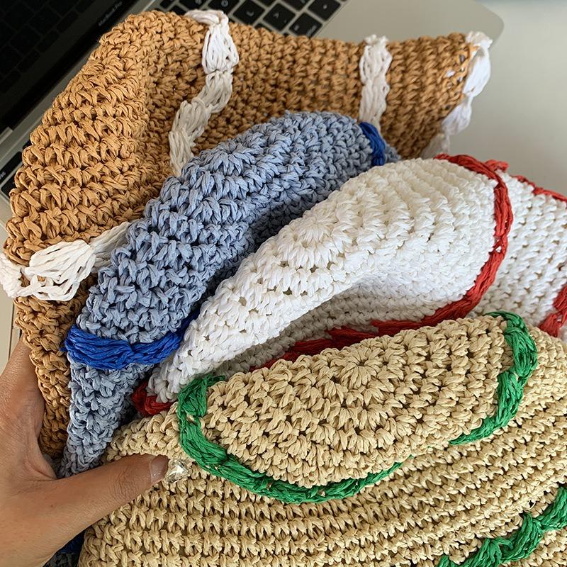 Straw Bucket Hat Women's Summer Hollow Breathable Straw Hat Summer Sun Hat Big Head Circumference Sun Protection Bucket Hat Tide