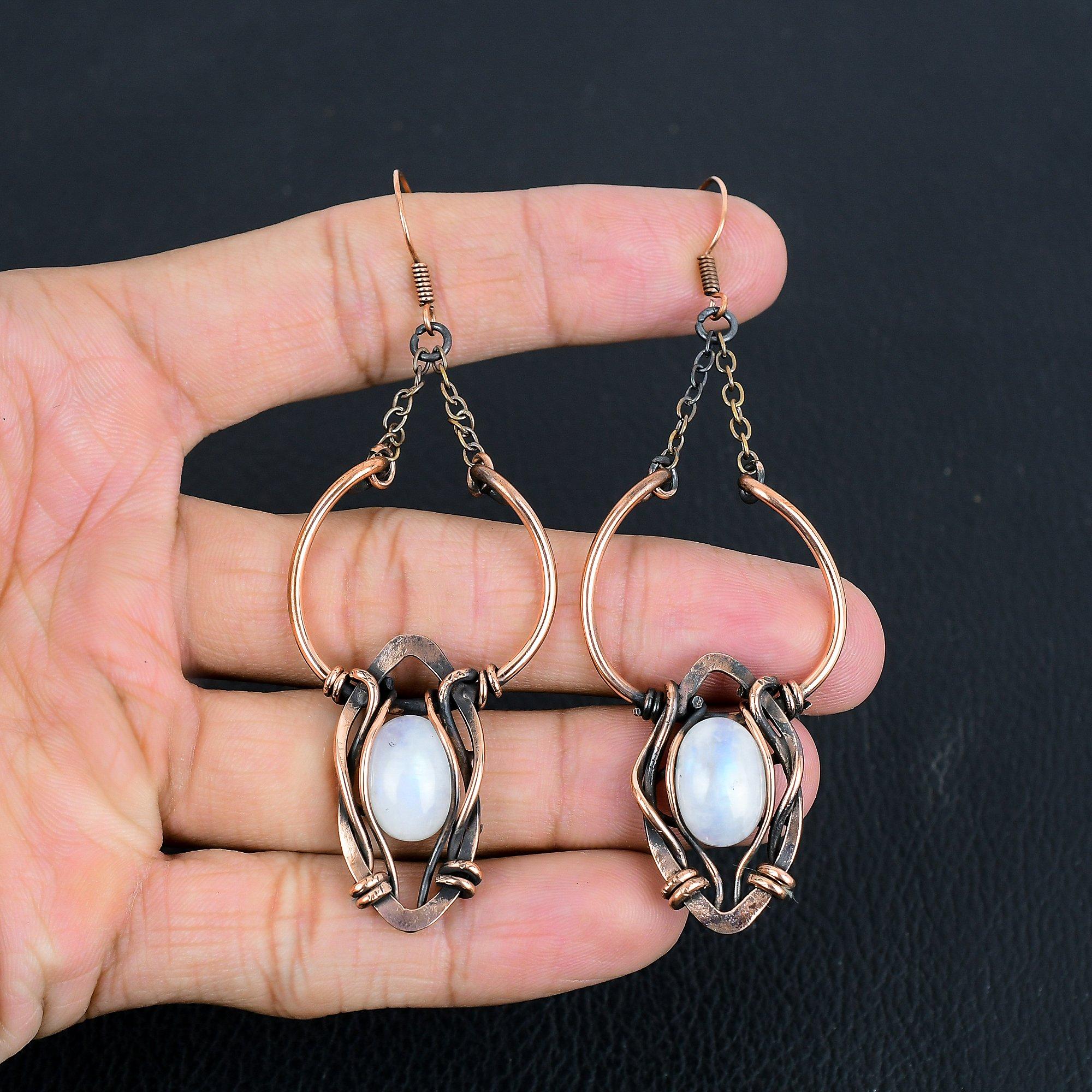 

Серьги из радужного лунного камня, ювелирные изделия из драгоценных камней, серьги, обернутые медной проволокой 999 пробы, красивые серьги ручной работы 2.55 Inches