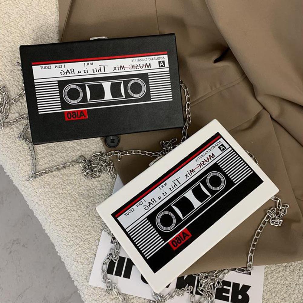 Women Mini Chain Purse Radio Shape Vintage Satchel Bag PU Leather Tape Recorder Print for Women Teen Girls