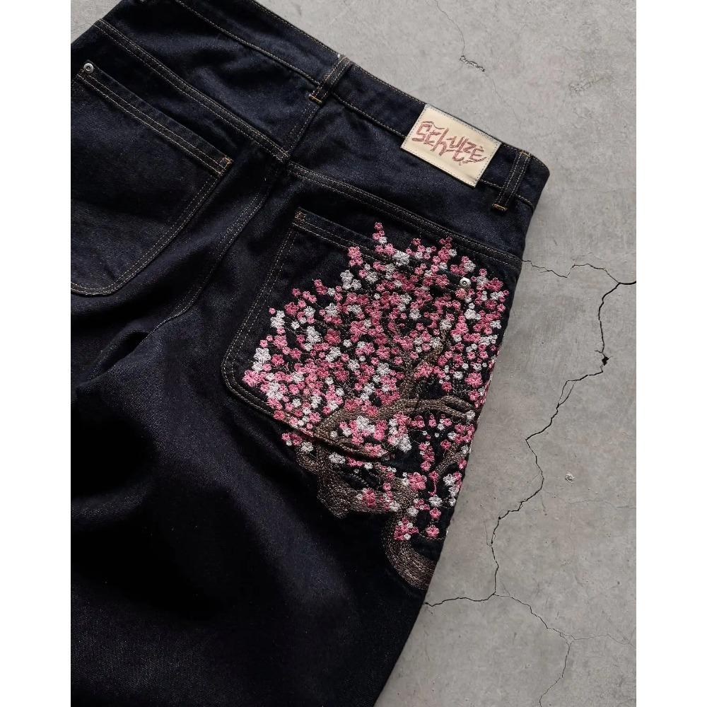 Kirsebærblomst Selvedge Broderi Denim Bukser Y2k Retro Casual Baggy Rett Vidde Ben Jeans Høy Kvalitet Hiphop Streetwear