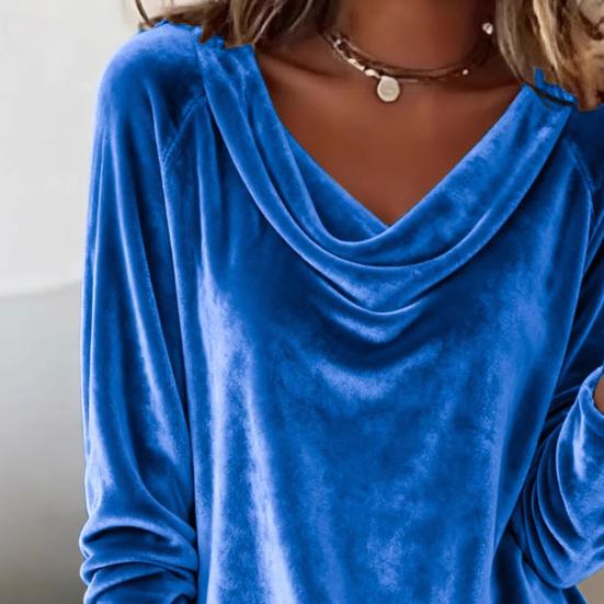 Women Tops Loose Fit Large Neckline Long Sleeve Velvet Texture Pullover Tops Solid Color