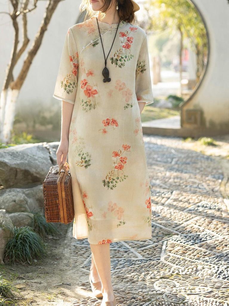 Light cotton and linen stand-up collar improved cheongsam dress for women, retro diagonal placket design printed short-sleeved skirt