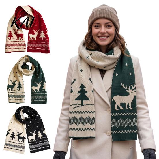 Decorative Festive Winter Scarf Knitted for Women, Reversible Fair Isle Snowflake Reindeer Thermal Wind Resistant Scarf, Soft Warm Long Wrap Christmas
