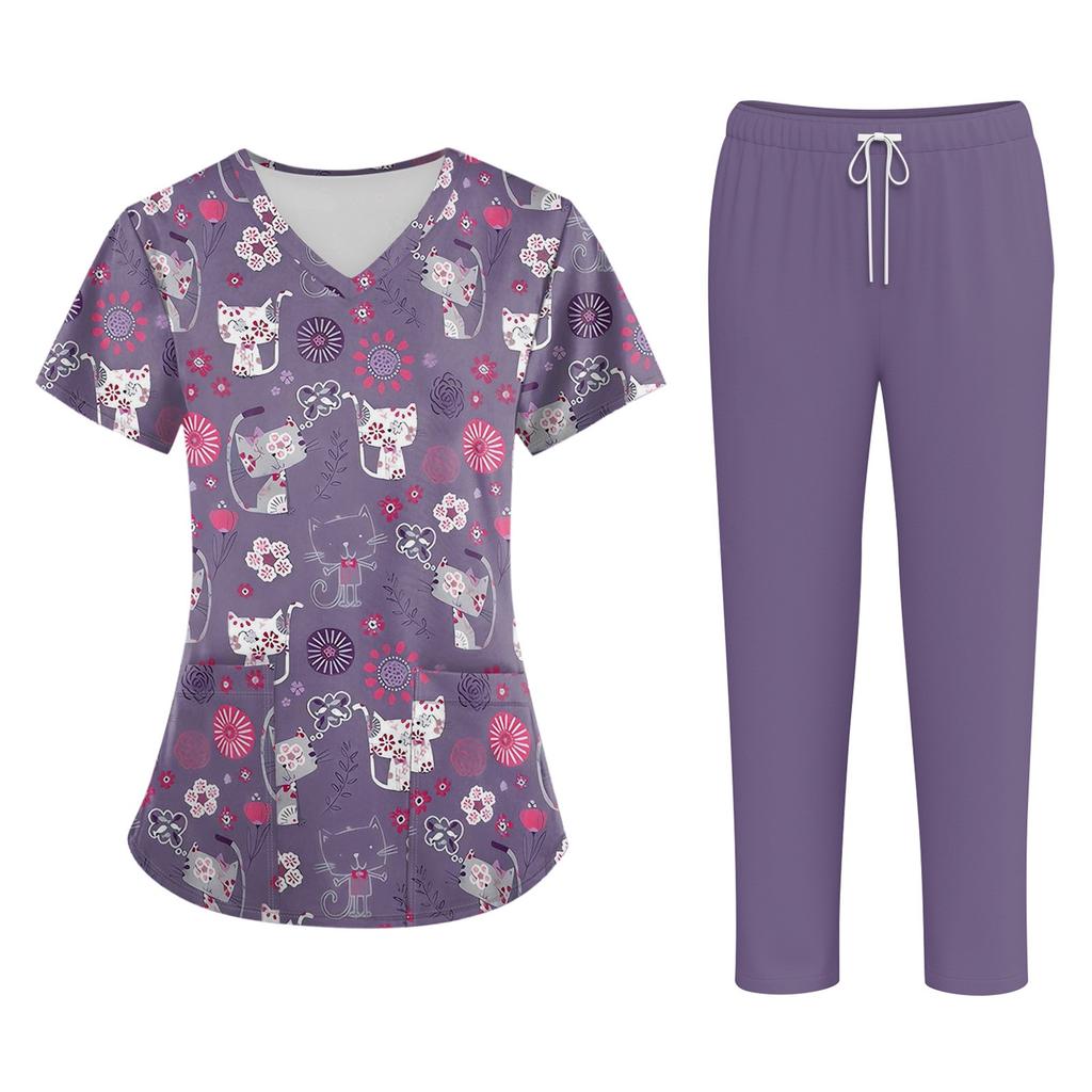 Großgrößen Bedruckte Arbeitsuniform-Oberteile Für Damen mit V-Ausschnitt Halloween-Print Kurzarm Lustige T-Shirts Tee Mit Taschen