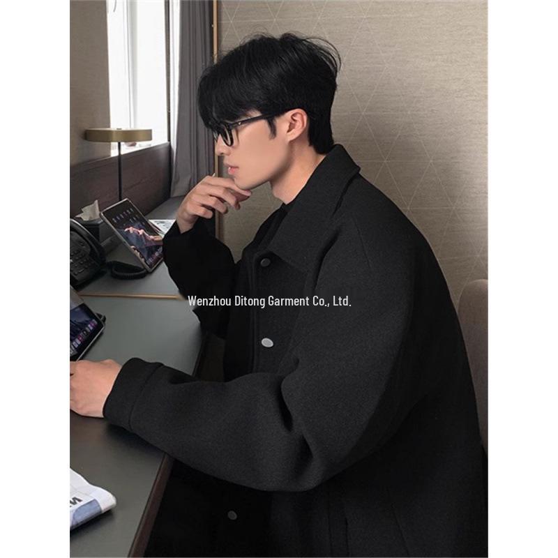 Men’s Gray Turn-Down Collar Wool Coat - Autumn Korean Style, Loose Fit