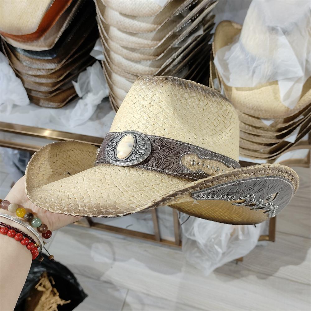 Men'S Cardboard Straw Hat Large Brim Western Cowboy Straw Hat For Men And Women Outdoor Summer Sun Hat Double Concave Cowboy Hat