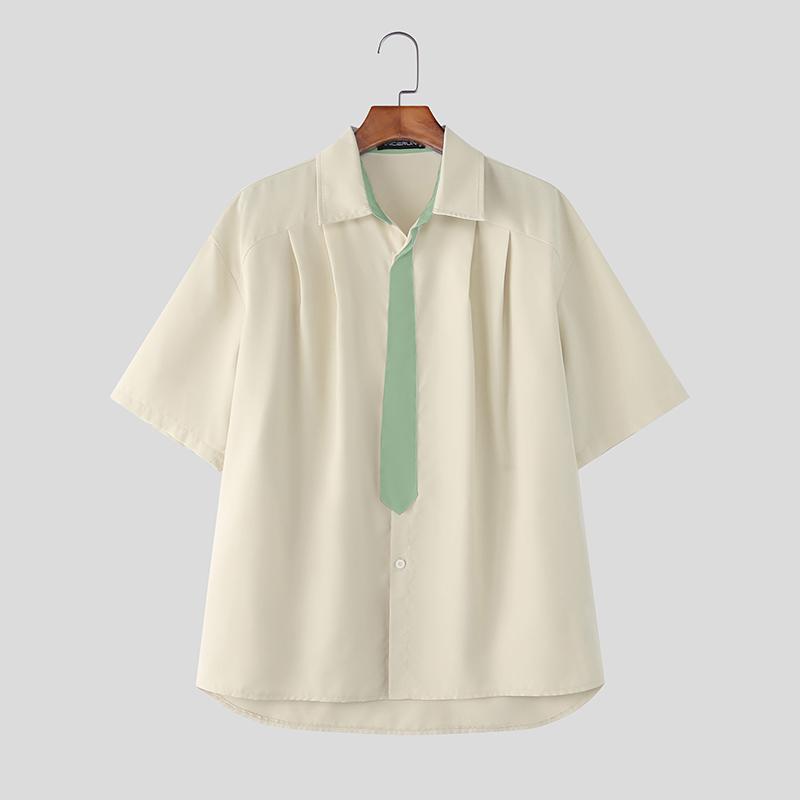 INCERUN Oversized Men Lapel Neck Short Sleeve Stitching Casual Loose Shirts