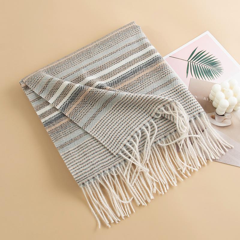 Japanese and Korean Colored Striped Imitation Cashmere Tassel Scarf for Women High End Contrast Color Versatile Thickened Warm Scarf
