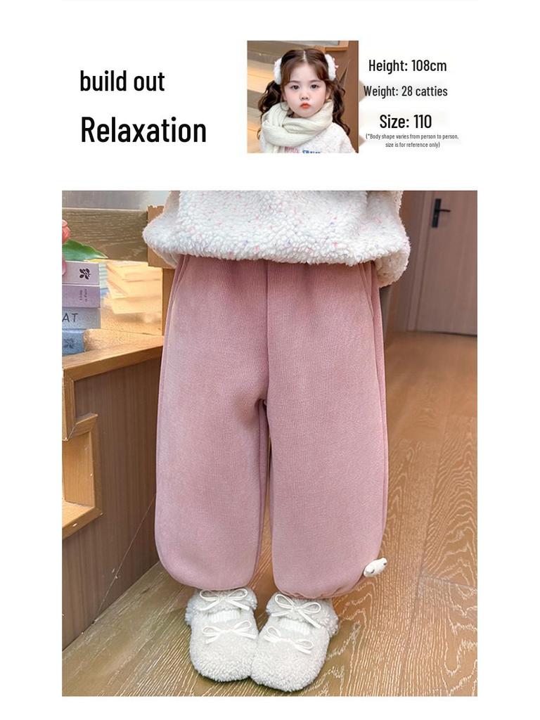 Meng Tang Tang Girls' Plus Velvet Cartoon Pants - Stylish Winter Wear for Kids