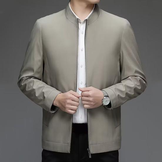 Men Jacket Lapel Long Sleeve Zipper Placket Middle-aged Coat with Side Pockets Solid Color Casual Jacket Outwear