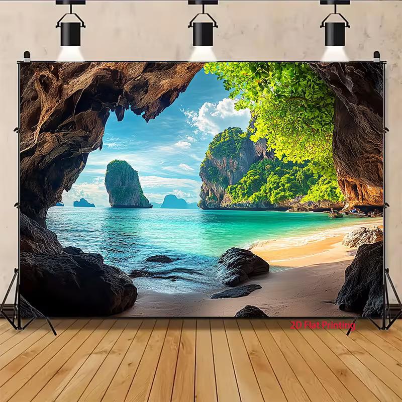 2D Natural Cave Arch Phuket Limestone Cliff Island Turquoise Beach Backdrop Tropical Wall Tapestry