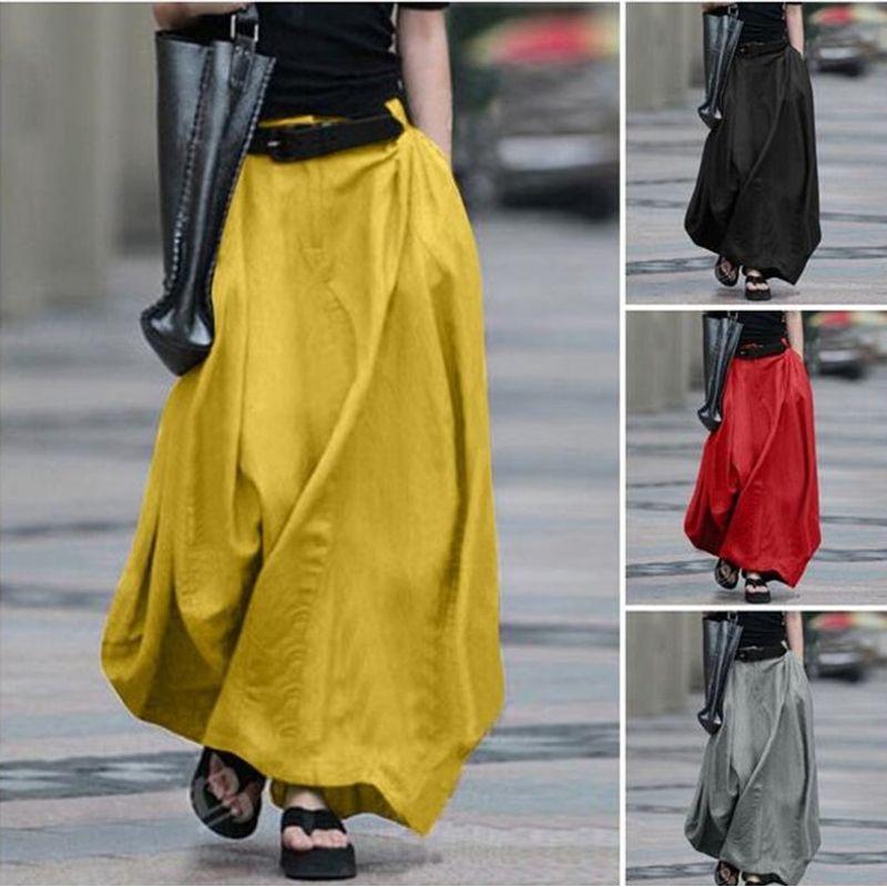 

2024 Half Length Flax Solid Color Loose Big Swing Skirt Yellow L