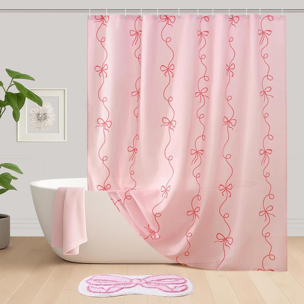 Pink Striped Bow Shower Curtain Cute Girls Shower Curtain with Washable, Waterproof Polyester Print
