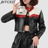 Women's Color-Blocked Patchwork Biker Jacket Pilot Jacket Short-Length Leather Jacket