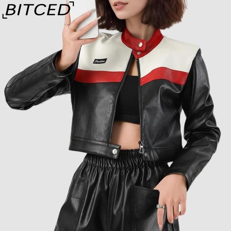 BITCED Women's Color-Blocked Patchwork Biker Jacket Pilot Jacket Short-Length Leather Jacket