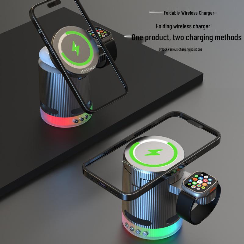 Multifunctional Bluetooth Speaker with 15W Wireless Magnetic Power Bank, Hi-Fi Sound Quality, Long Battery Life, and Watch Wireless Charging