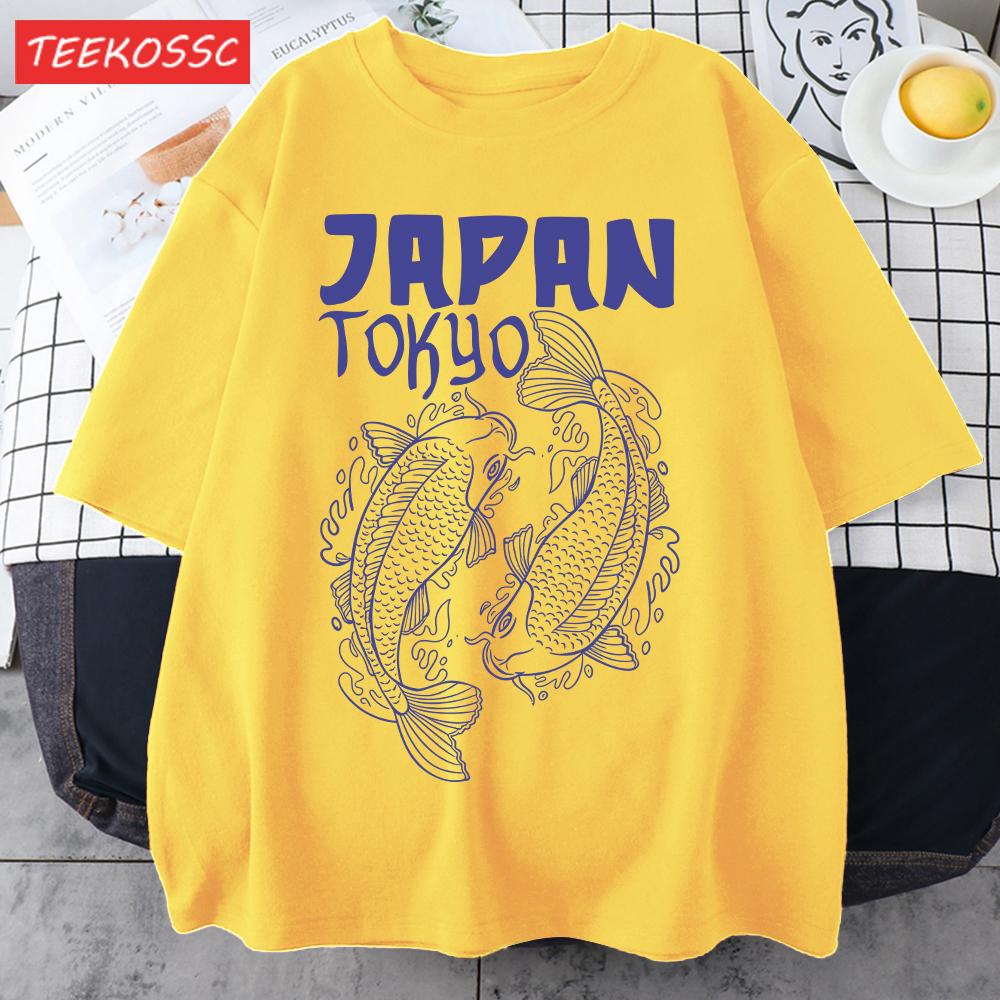 Japan Tokyo Harajuku Koi Print T Shirts Men Summer Cotton TShirt Hip Hop Loose Streetwear Unisex AllMatch Casual Clothing