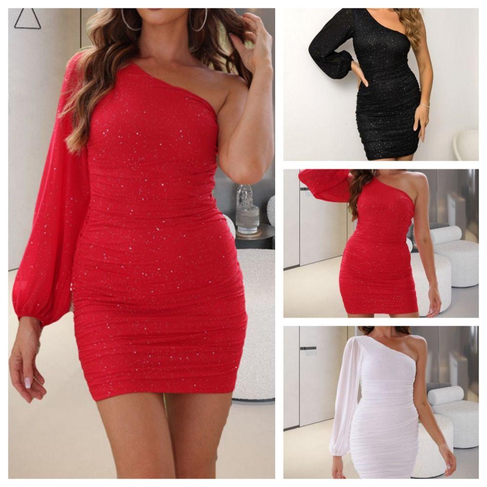 

Sloping Shoulders Slim Dress One Shoulder Bodycon Dress Sweet Short Skirt Club