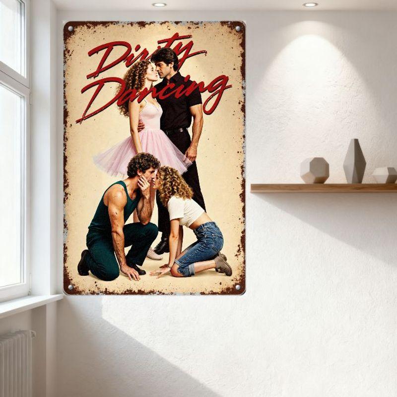 Dirty Dancing Vintage Metal Tin Sign, Weathered Rusty Border, Romantic Dance Scene Wall Decor for Movie Fans, Home Bar Cafe Man