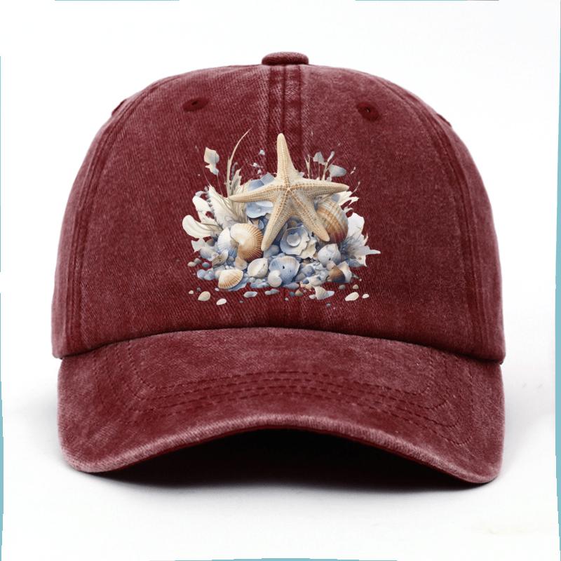 

Starfish Seashell Beach Print Baseball Cap Adjustable Polyester Casual Sun Hat Outdoor Headwear for Adults One Size