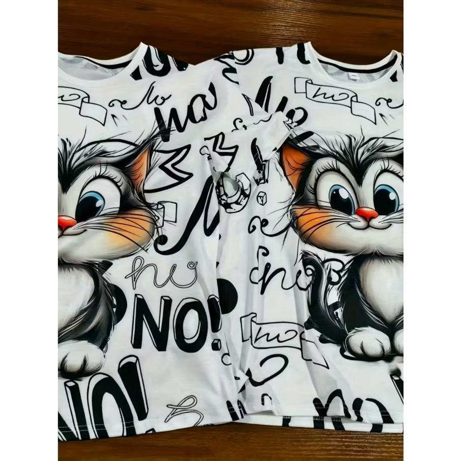 XL-7XL Plus Size Women's Men Cartoon Cat Casual 3D Print Loose V Neck Short Sleeved T-shirt Top
