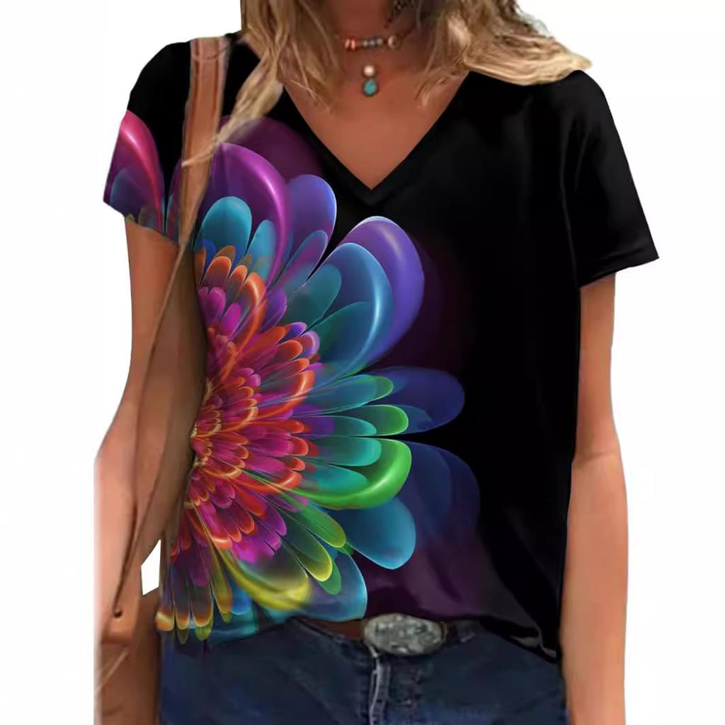 Summer Scenery Flowers Plants 3D Printed Short Sleeved T-shirt Women's Loose Short Sleeved Top V-neck T-shirt