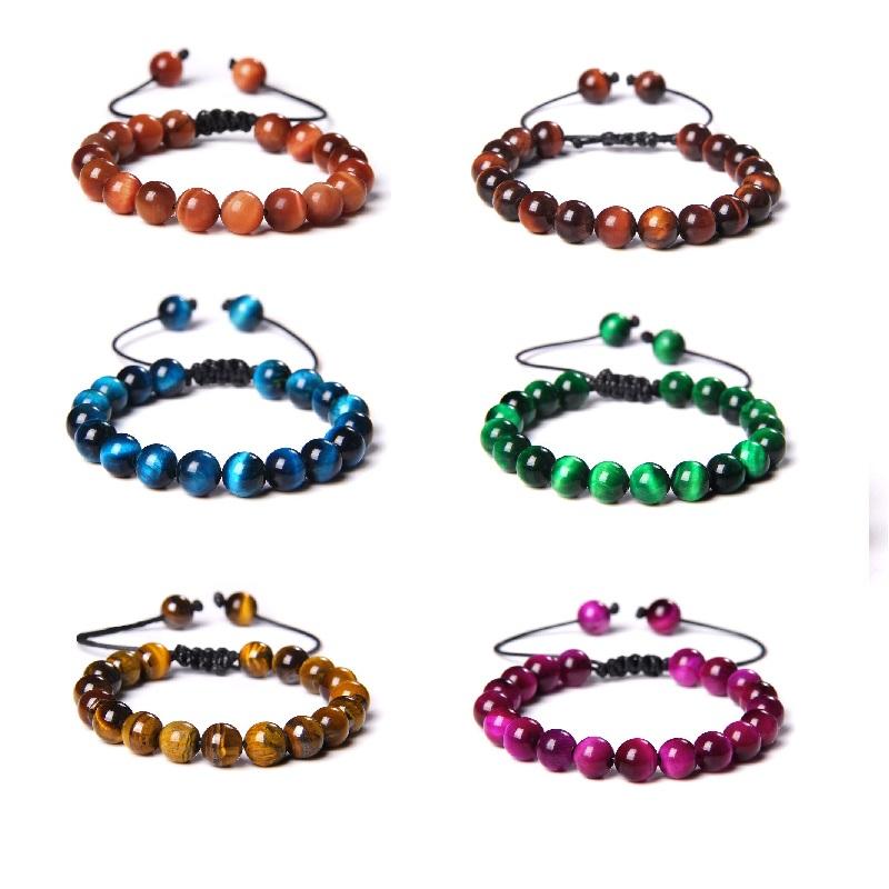 Bracelet Réglable Fait Main 8mm Pierre Naturelle Oeil de Tigre Perles de Lave Bracelets de Yoga pour Femmes Hommes Couple Distance Pulsera