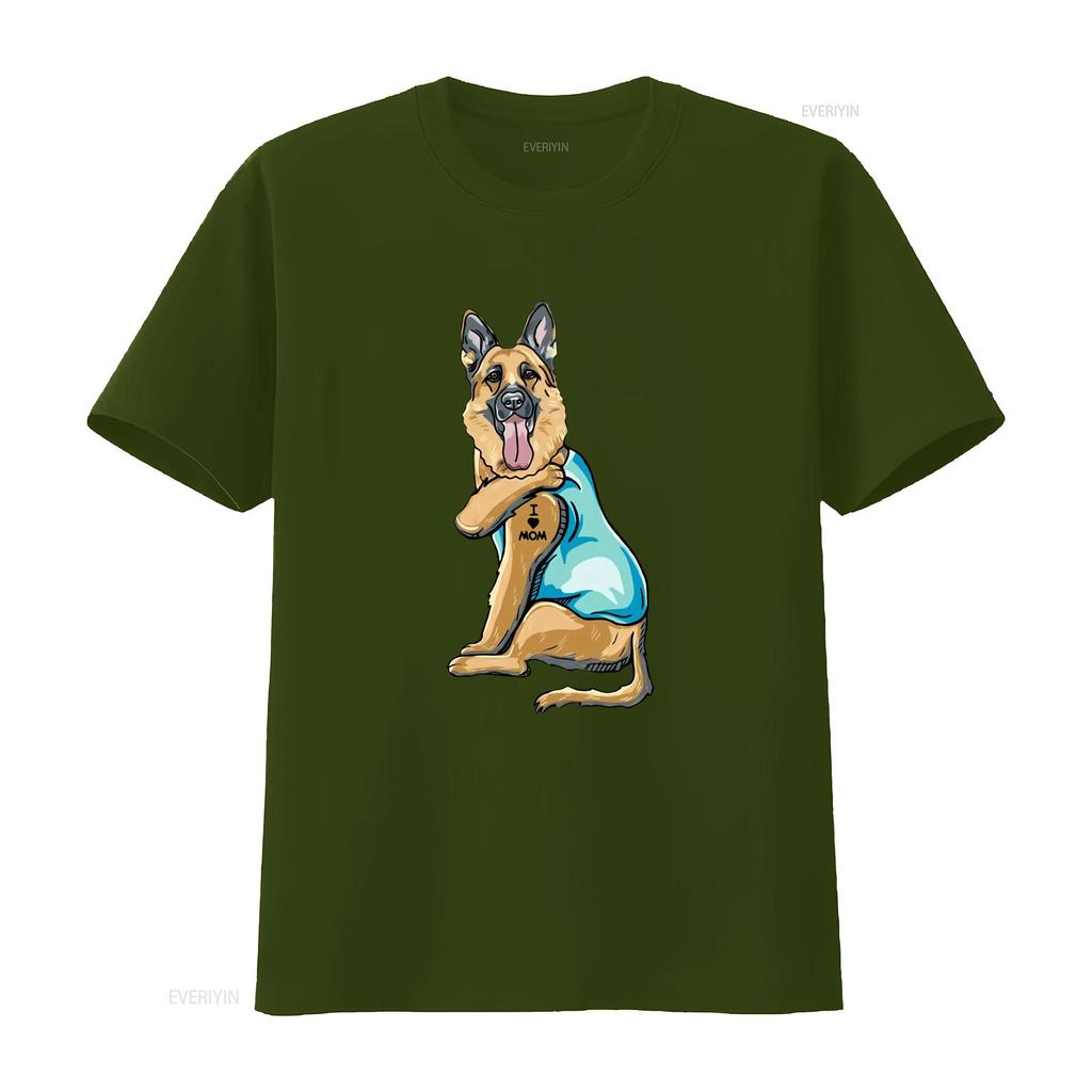 Funny Cartoon GerUnisex Shepherd I Love Mom Tattoo Print Casual T Shirt vintage Washed homme graphic designer clothes Stylish