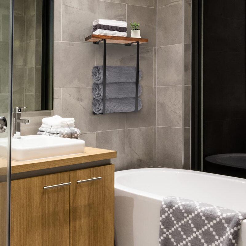 Wall-Mounted Metal Towel Rack with Wood Shelf
