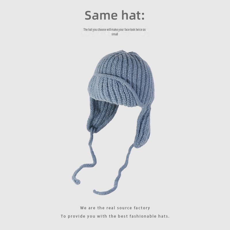 Korean Style Knitted Wool Earmuff Hat: Solid Color, Thickened for Autumn & Winter, with Strap, Unisex.