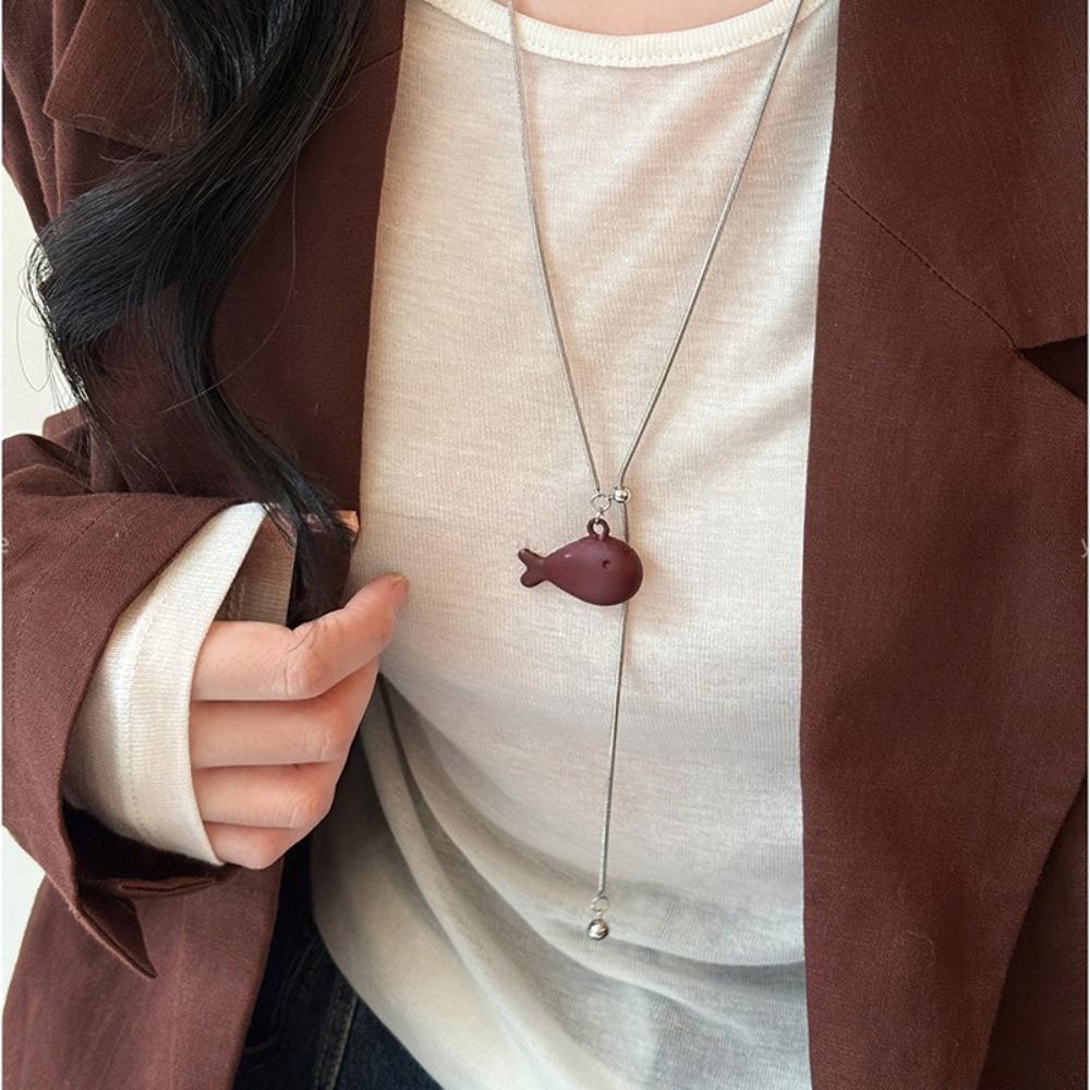 Korean Minimalist Silver Color Small Fish Pendant Long Pull Chain Necklace for Women Fashion Daily Versatile Commuting Jewelry