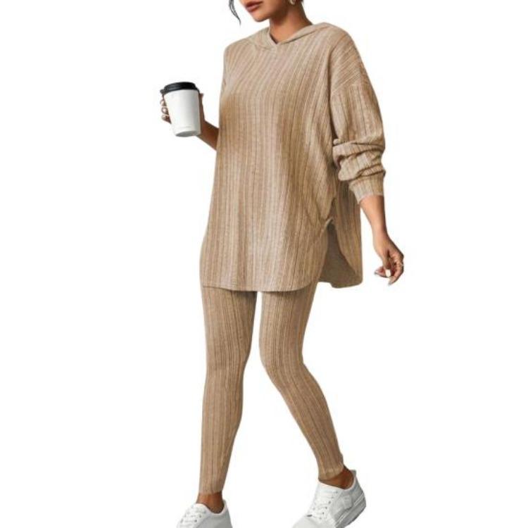 

Autumn Winter Women Tracksuit Set 2 Pcs Hooded Long Sleeve Top Slim Fit with Adjustable Waist Mid Length Pants Sport Outfit S хаки
