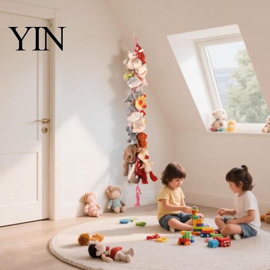 Mini Figure Storage Rack Stuffed Doll Cotton Hanging Chain, Wall Mounted Organizer with Hand Woven Toy Strap Metal Clips, Boho Display for Kids