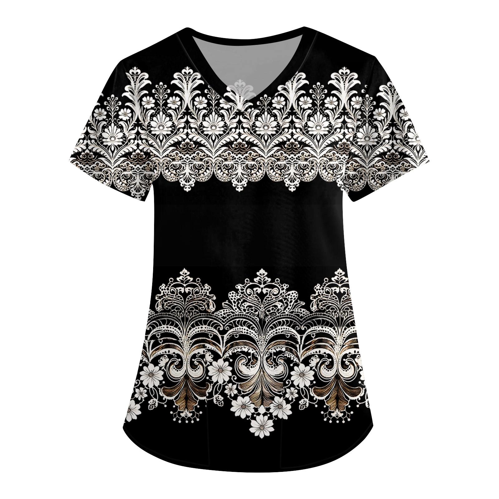 

Женская симпатичная принтованная рабочая одежда с V-образным вырезом, двухслойными карманами, базовым коротким рукавом, пуловером ко Дню святого Валентина L