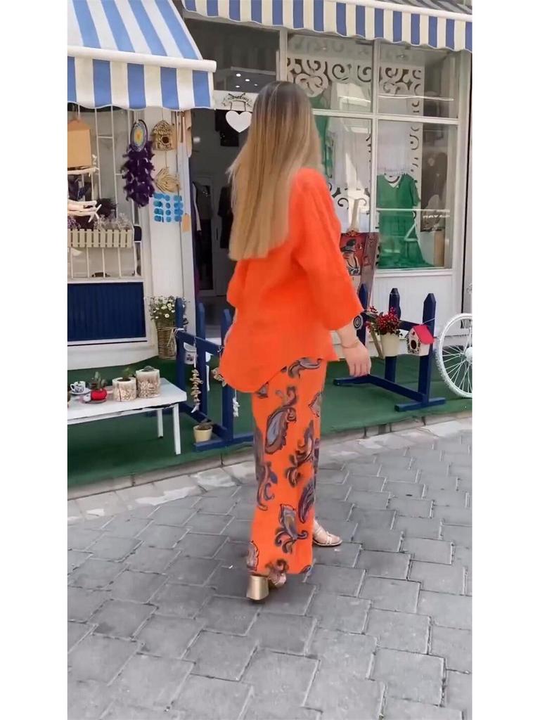 2024 Fashion Women's Cotton Linen Two-Piece Set: Loose Long Sleeve Top & Casual Print Pants