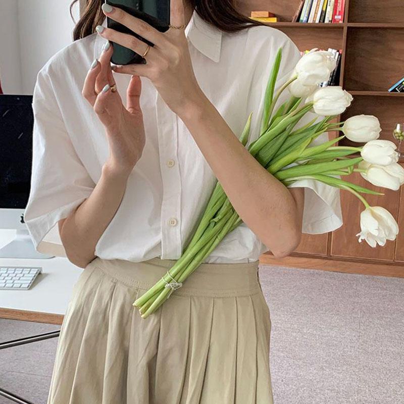 Bílá košile s krátkým rukávem, Dámská jarní a letní retro všestranná volná a zeštíhlující košile top