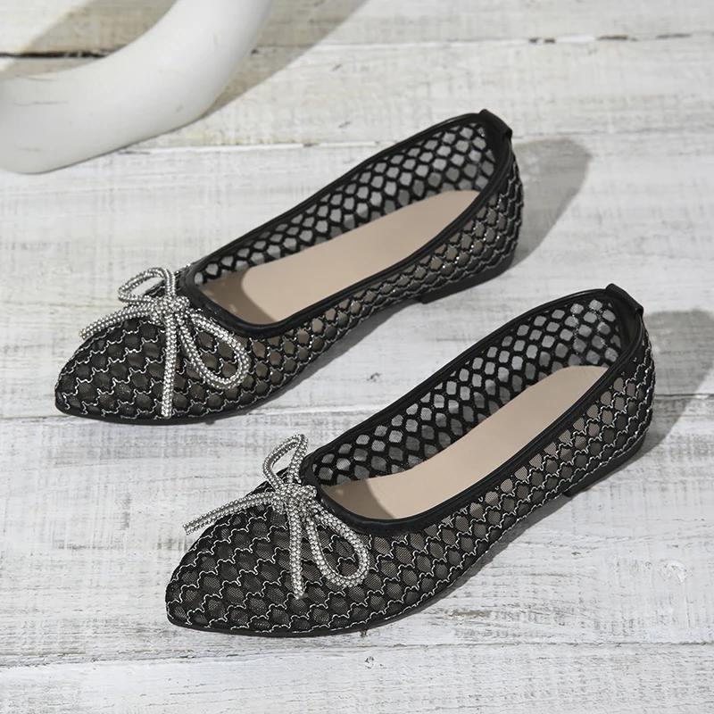 

Модные Rimocy Сексуальные черные сетчатые женские балетки 2025 Весна Лето На шнуровке с бантом Мягкая подошва Офисная обувь Легкие дышащие Сандалии с острым носком 36 чёрный