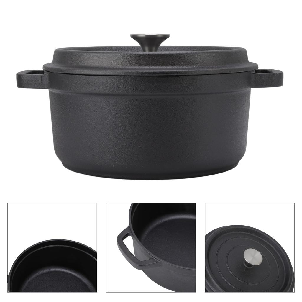 Cast Iron Pot Dual Loop Handle 24cm Uncoated Dutch Oven Flat Bottom for Soup Stew